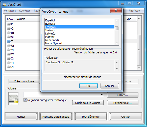 Диалог выбора языка VeraCrypt